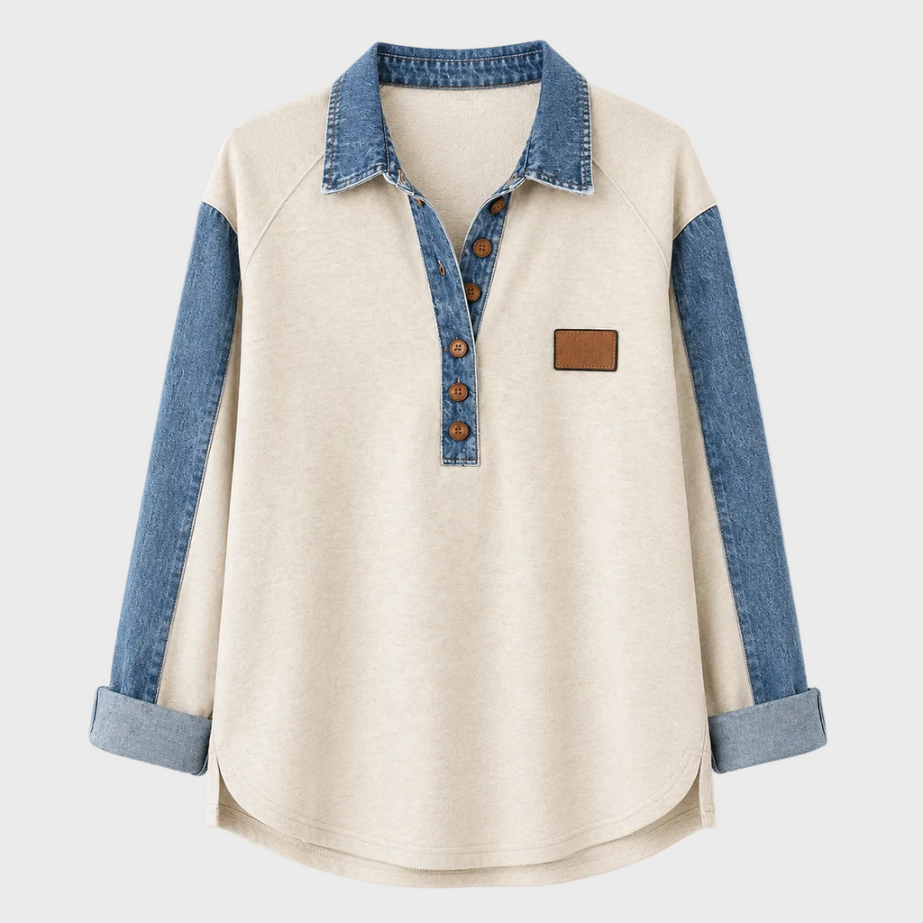 Susana - Camisa Urbana con Detalles Denim y Cuello con Botones