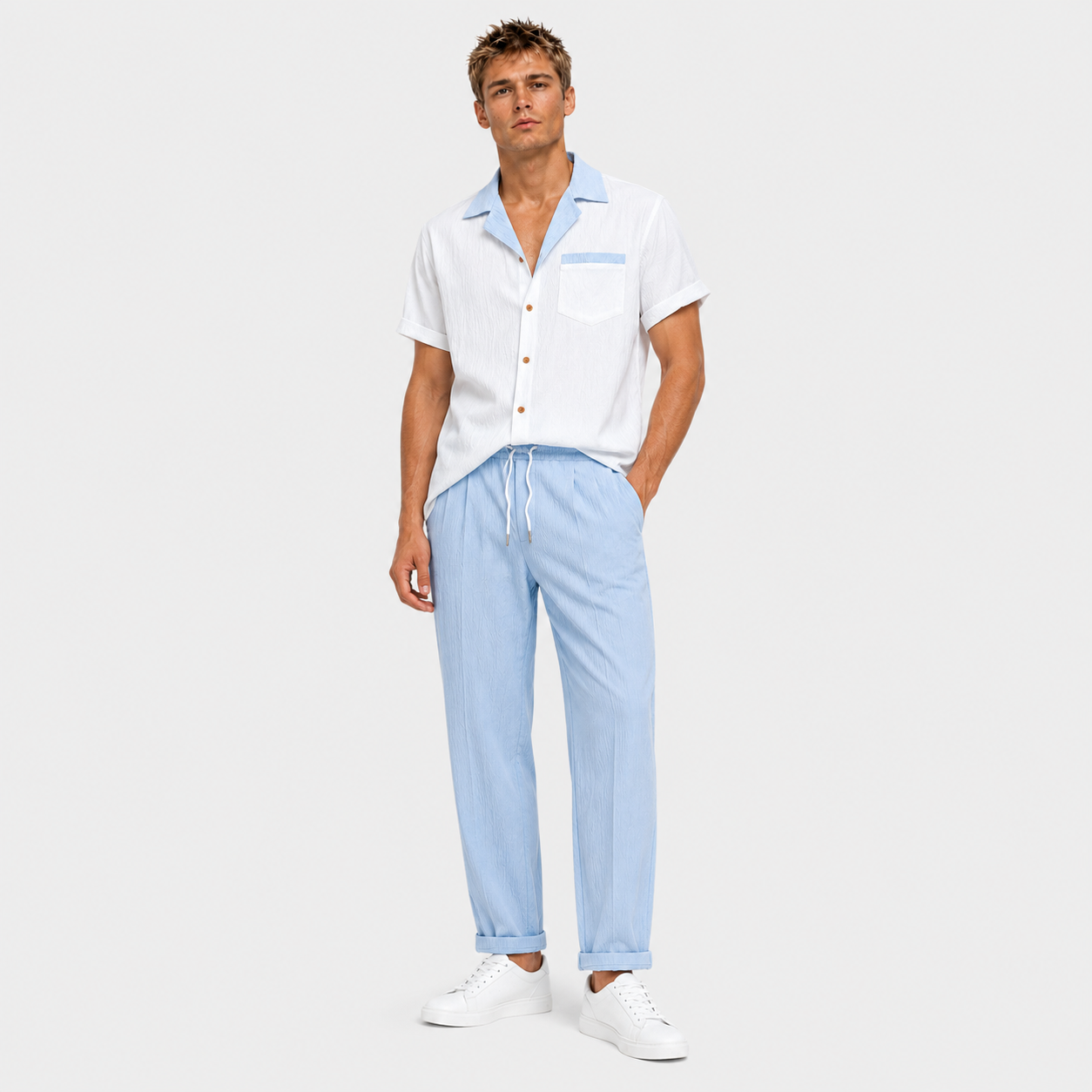 Fernando - Camisa cubana con contraste texturizado y pantalones de corte recto