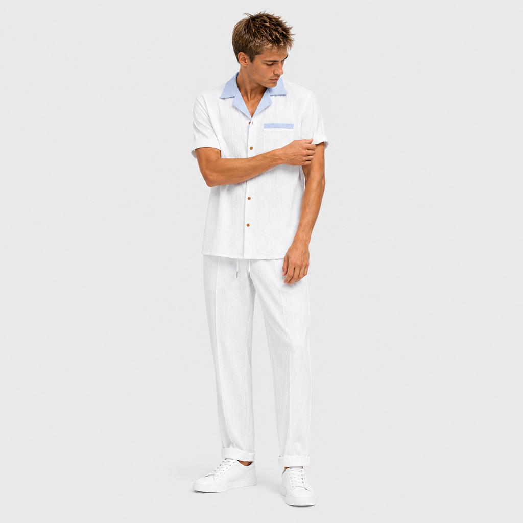 Fernando - Camisa cubana con contraste texturizado y pantalones de corte recto