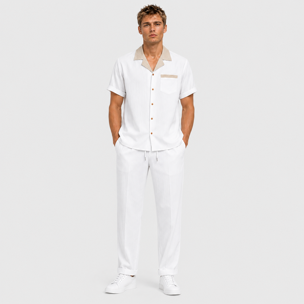 Fernando - Camisa cubana con contraste texturizado y pantalones de corte recto