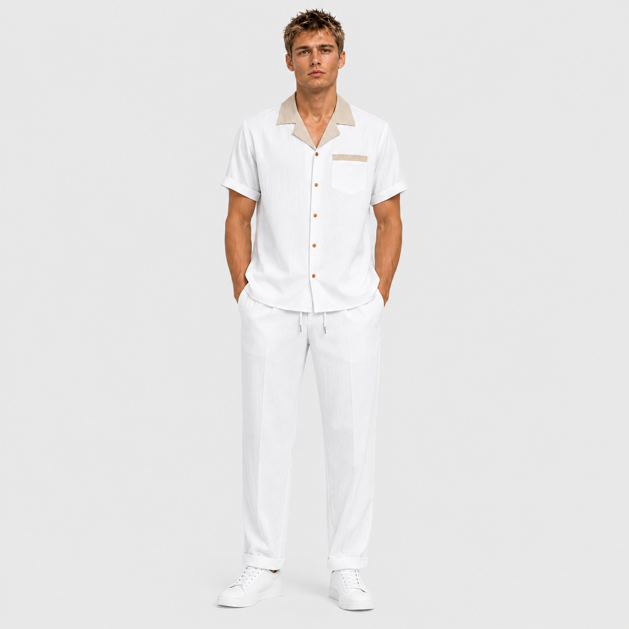 Fernando - Camisa cubana con contraste texturizado y pantalones de corte recto