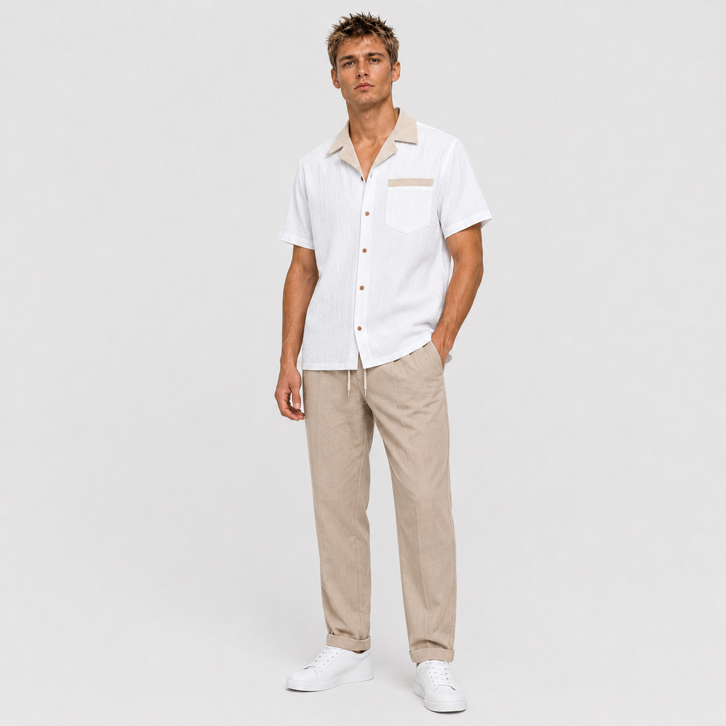Fernando - Camisa cubana con contraste texturizado y pantalones de corte recto