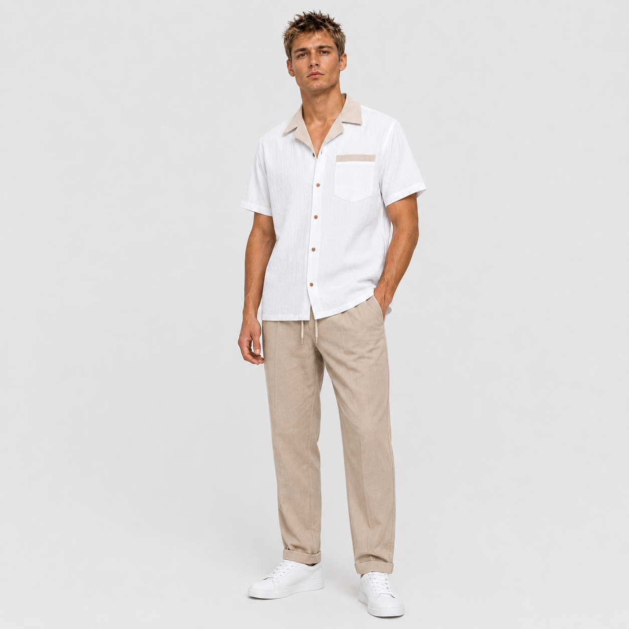 Fernando - Camisa cubana con contraste texturizado y pantalones de corte recto