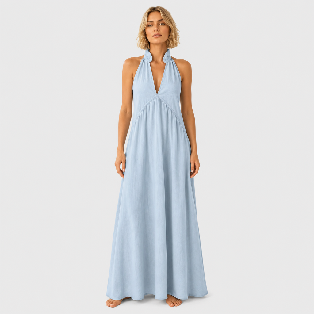 Clara - Vestido largo con cuello alto abierto sin mangas