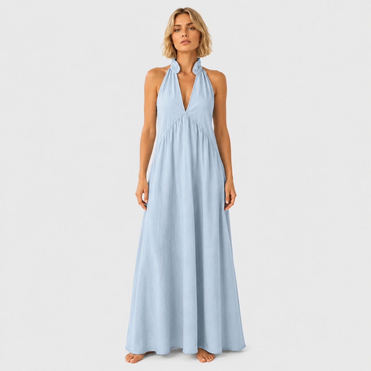Clara - Vestido largo con cuello alto abierto sin mangas