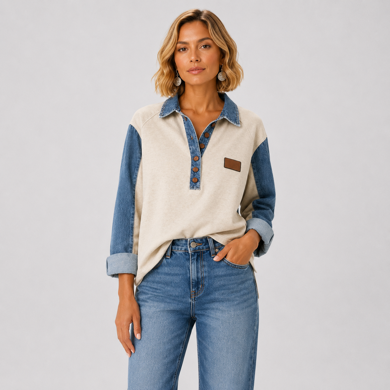 Susana - Camisa Urbana con Detalles Denim y Cuello con Botones