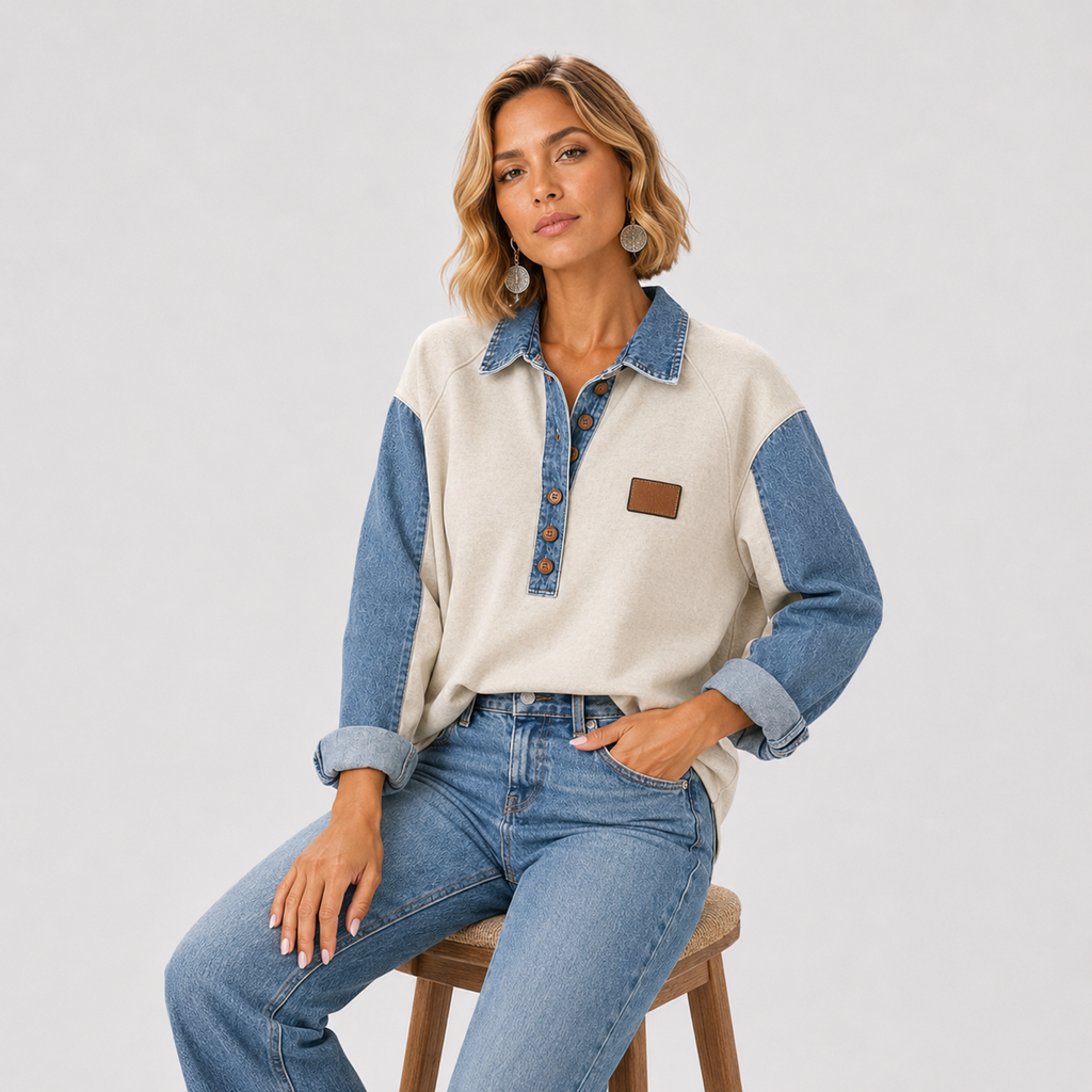 Susana - Camisa Urbana con Detalles Denim y Cuello con Botones